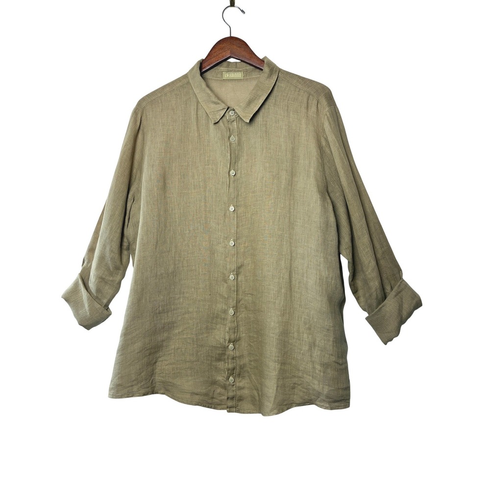 CP Shades XL Linen Button Down Lagenlook Shirt Khaki Tan Long Sleeve Made in USA